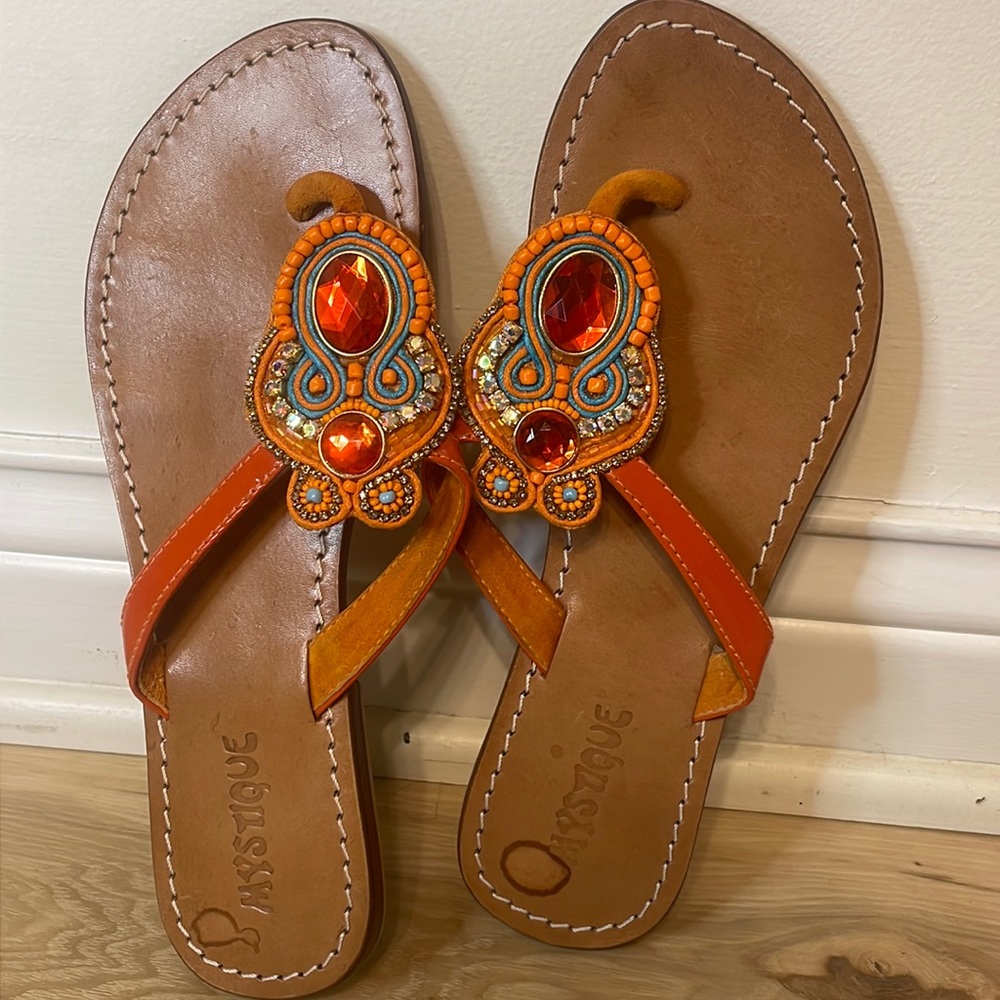 Beaded Orange Embellished Women's Thong Sandals